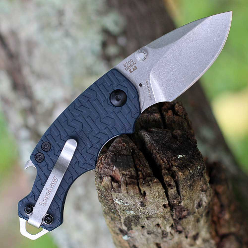 Kershaw Shuffle 8700NBSWWM open view showing the stonewashed blade, navy blue K-Texture handle, and integrated bottle opener.